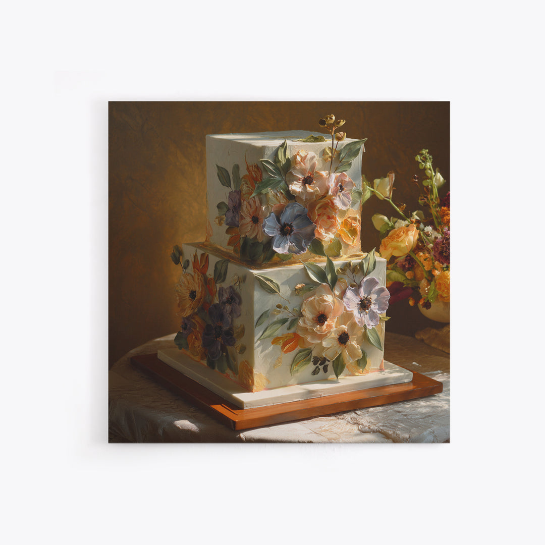 Wedding Cake with Flowers in Painterly Style Canvas Print, Wedding Art, Wedding Poster, Living Room Decor, Oil Painting, WED-1x1-86
