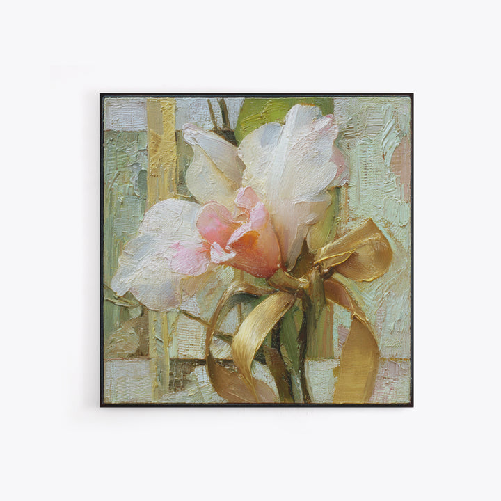White Orchid and Gold Ribbon Composition Framed Canvas Print, Wedding Art, Wedding Gift, Living Room Decor, Fine Art, Romance, WED-1x1-96