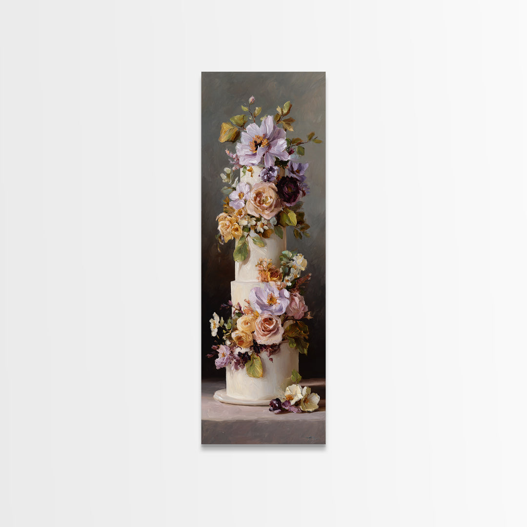 Wedding Cake with Flowers in Painterly Style Canvas Print, Wedding Art, Rustic Wedding, Living Room Decor, Watercolor Art, WED-1x3-2