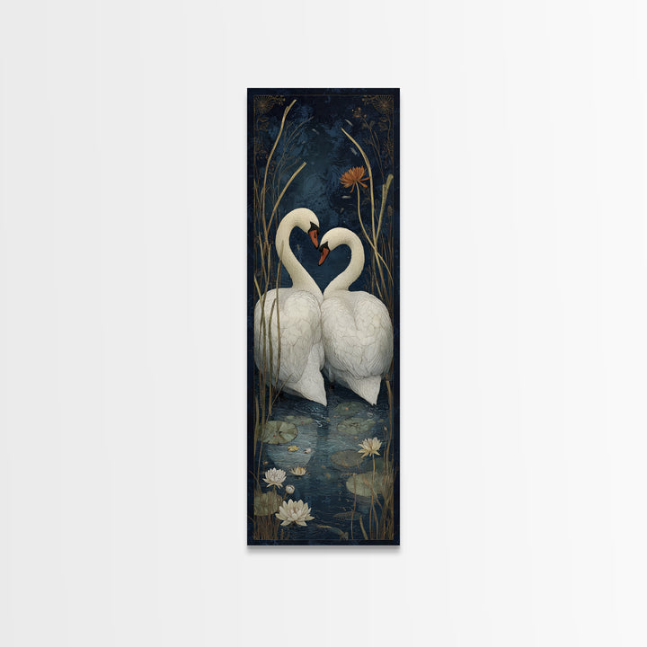 Two Swans Forming a Heart on Dark Framed Canvas Print, Wedding Art, Wedding Painting, Living Room Decor, Fine Art, Romance, WED-1x3-62