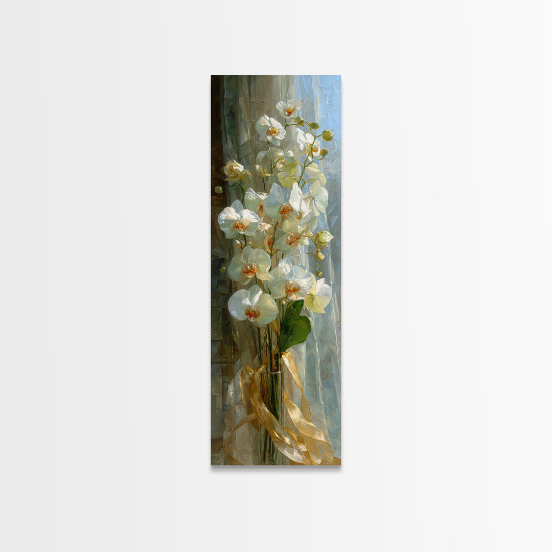White Orchid and Gold Ribbon Composition Framed Canvas Print, Wedding Art, Art, Living Room Decor, Fine Art, Romance, WED-1x3-84