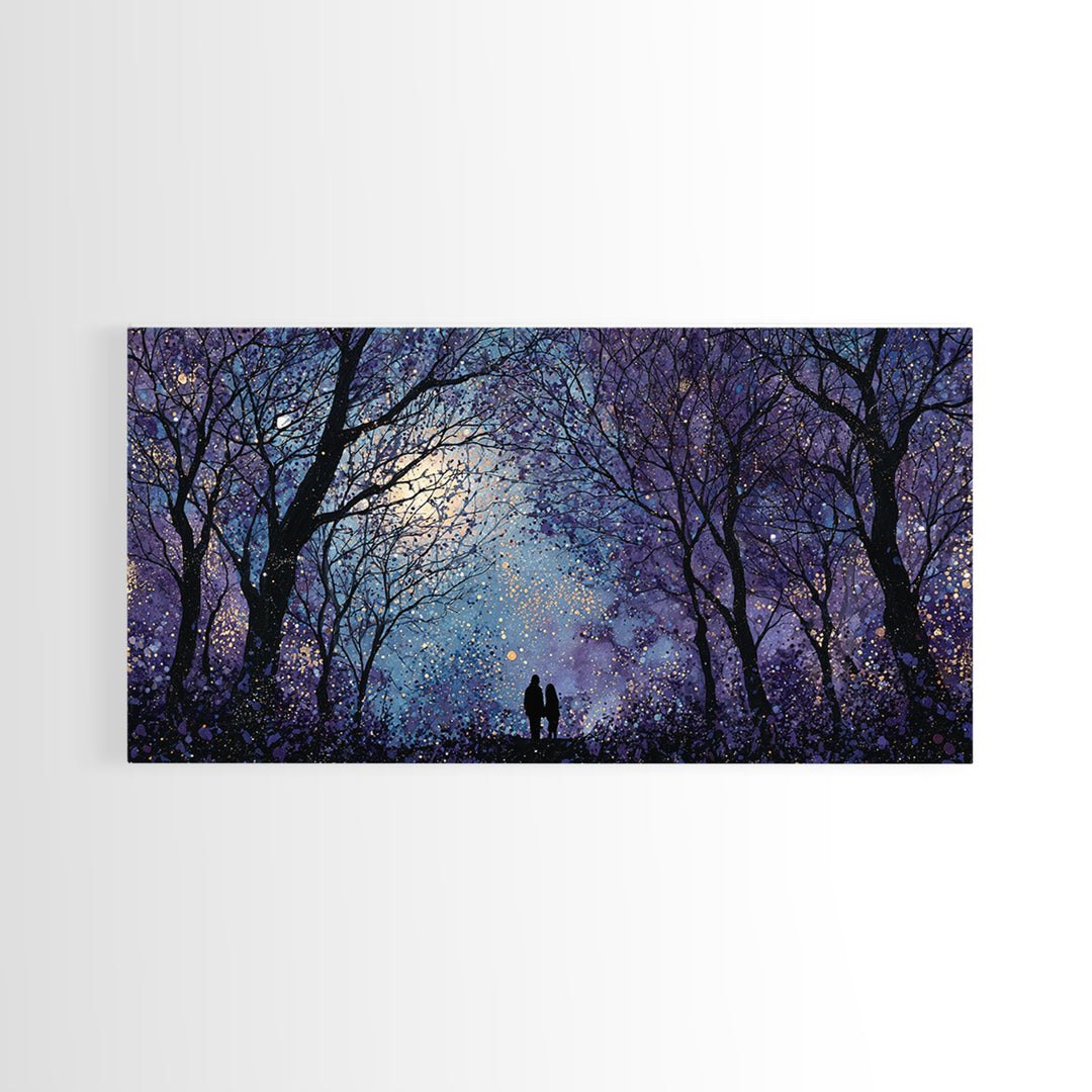 Couple Silhouette Beneath Moonlit Trees Framed Canvas Print, Wedding Art, Luxury Decor, Living Room Decor, Fine Art, Romance, WED-2x1-1