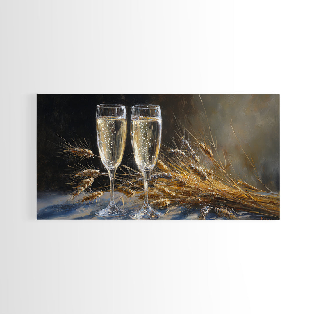 Champagne Glasses with Delicate Sparkle Canvas Print, Wedding Art, Wall Decor, Living Room Decor, Abstract Art, Romance, WED-2x1-2