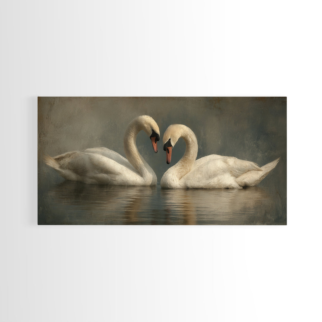 Two Swans Forming a Heart on Dark Canvas Print, Wedding Art, Gallery Decor, Living Room Decor, Fine Art, Romance, WED-2x1-22