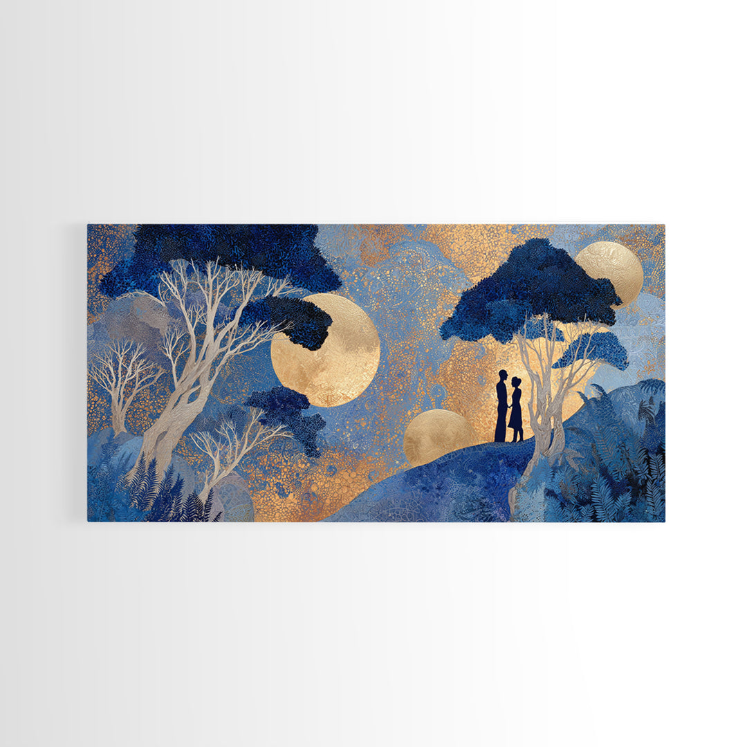Couple Silhouette Beneath Moonlit Trees Framed Canvas Print, Wedding Art, Luxury Decor, Living Room Decor, Fine Art, Romance, WED-2x1-25
