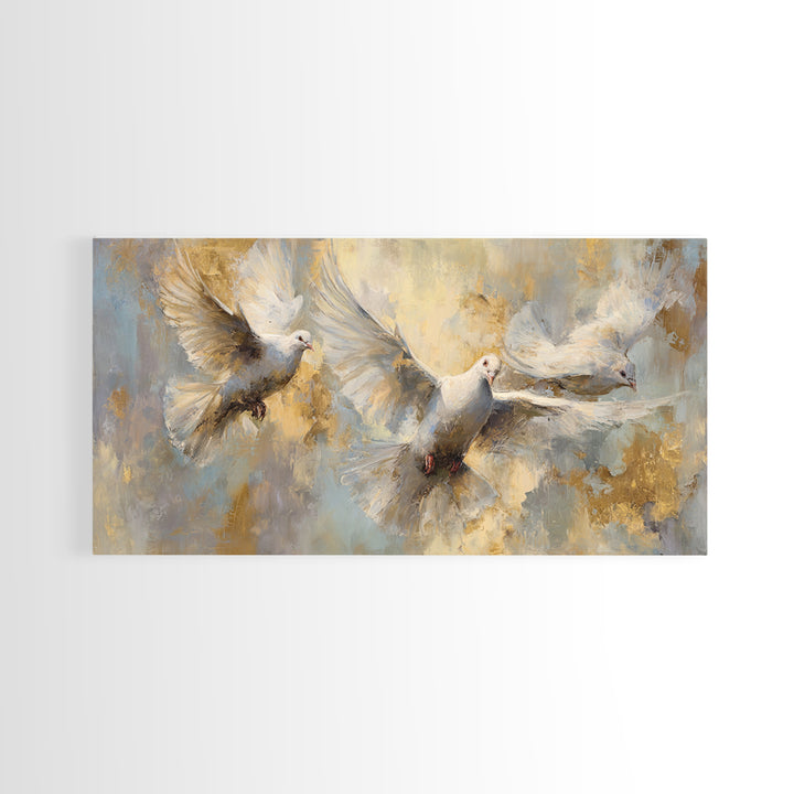 Doves Flying Through Soft Golden Light Canvas Print, Wedding Art, Art Print, Living Room Decor, Romance, Downloadable Art, WED-2x1-31
