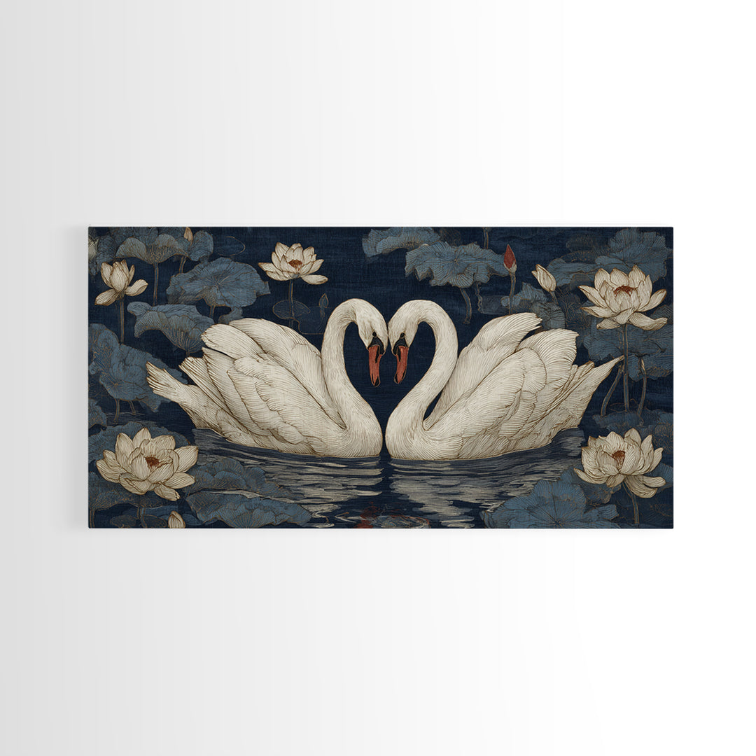 Two Swans Forming a Heart on Dark Framed Canvas Print, Wedding Art, Boho Decor, Living Room Decor, Fine Art, Romance, WED-2x1-46