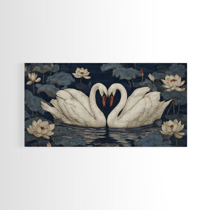 Two Swans Forming a Heart on Dark Framed Canvas Print, Wedding Art, Boho Decor, Living Room Decor, Fine Art, Romance, WED-2x1-46