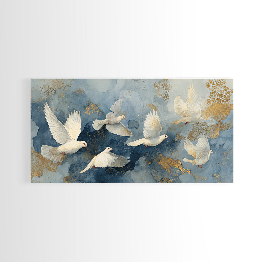 Doves Flying Through Soft Golden Light Framed Canvas Print, Wedding Art, Custom Painting, Living Room Decor, Fine Art, Romance, WED-2x1-55