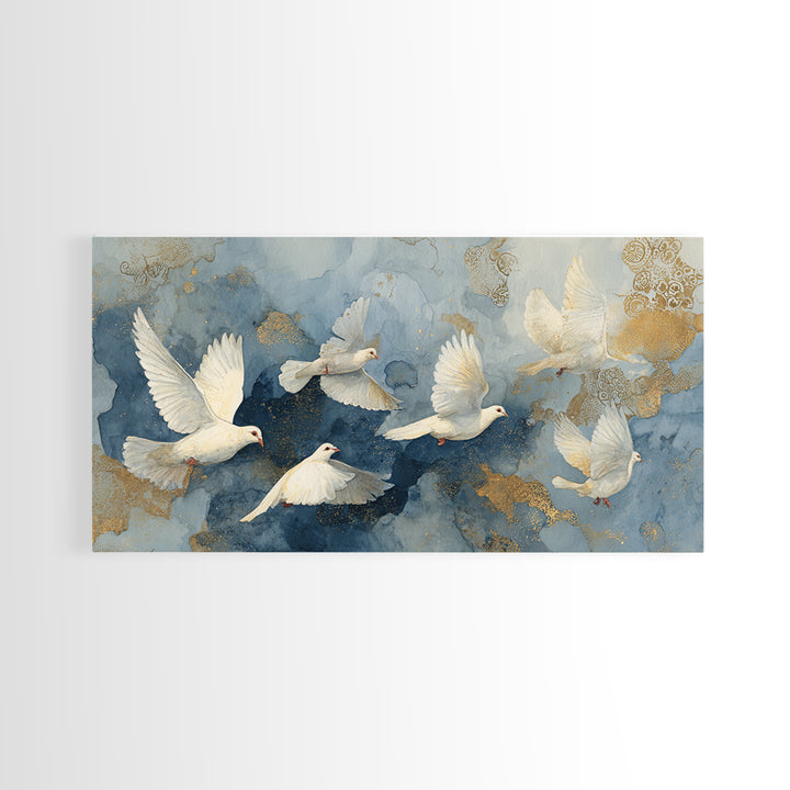 Doves Flying Through Soft Golden Light Framed Canvas Print, Wedding Art, Custom Painting, Living Room Decor, Fine Art, Romance, WED-2x1-55