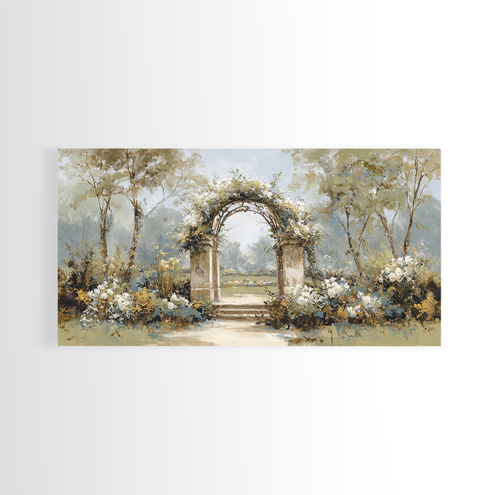 Romantic Garden Arch Covered Framed Canvas Print, Wedding Art, Neutral Decor, Living Room Decor, Oil Painting, Romance, WED-2x1-6