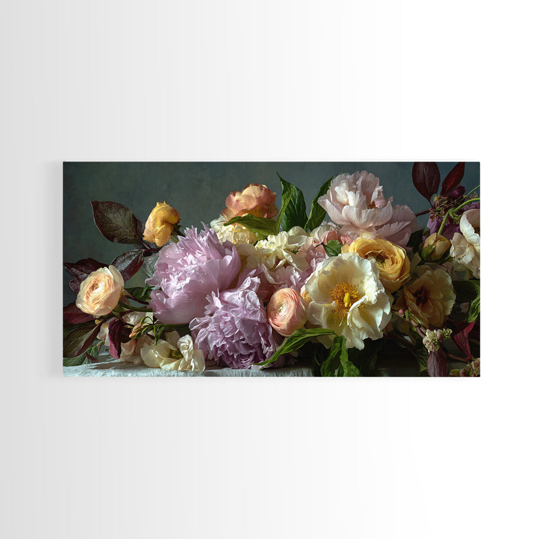Peony and Ranunculus Bouquet Canvas Print, Wedding Art, Wedding Guest Book, Living Room Decor, Romance, Rustic Wedding, WED-2x1-64