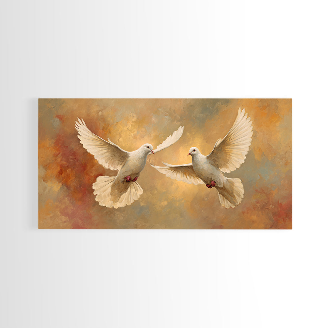 Doves Flying Through Soft Golden Light Framed Canvas Print, Wedding Art, Contemporary Art, Living Room Decor, Fine Art, Romance, WED-2x1-7