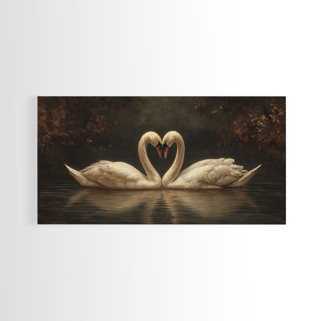 Two Swans Forming a Heart on Dark Canvas Print, Wedding Art, Minimalist Decor, Living Room Decor, Romance, Custom Painting, WED-2x1-70