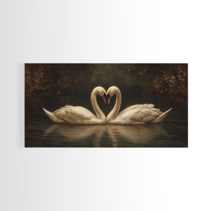 Two Swans Forming a Heart on Dark Canvas Print, Wedding Art, Minimalist Decor, Living Room Decor, Romance, Custom Painting, WED-2x1-70