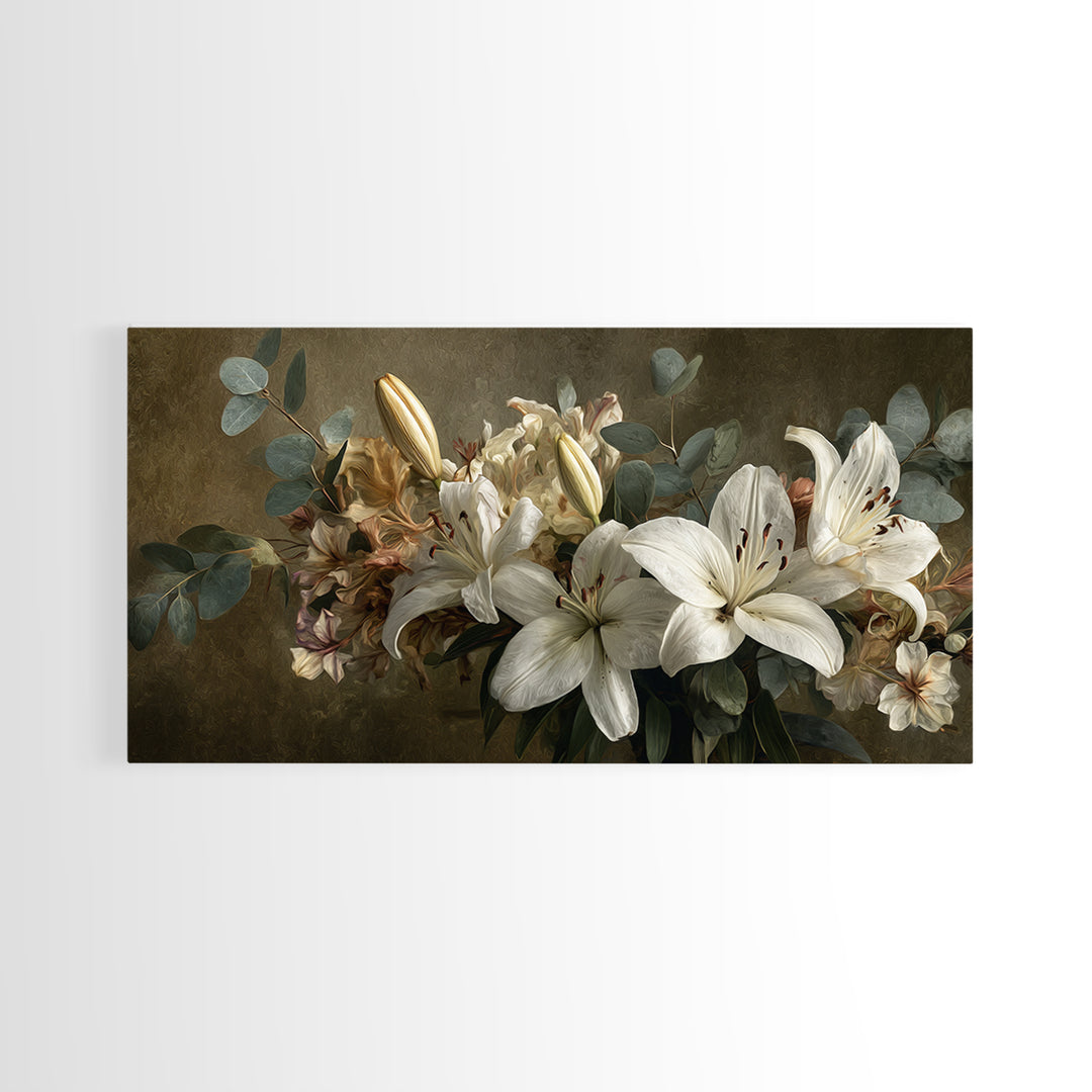 White Lilies and Eucalyptus Arrangement Canvas Print, Wedding Art, Wedding, Living Room Decor, Oil Painting, Romance, WED-2x1-77