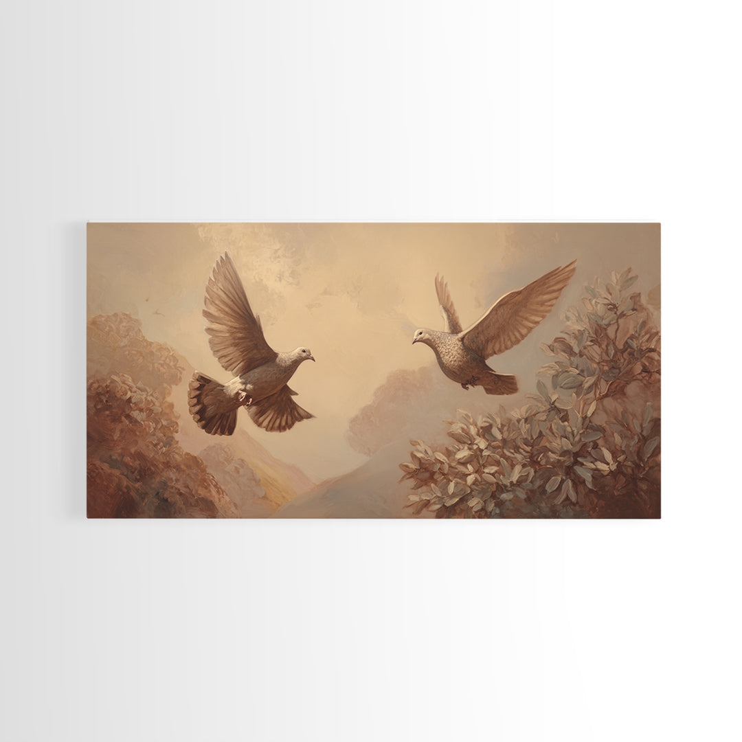 Doves Flying Through Soft Golden Light Framed Canvas Print, Wedding Art, Beach Wedding, Living Room Decor, Fine Art, Romance, WED-2x1-79