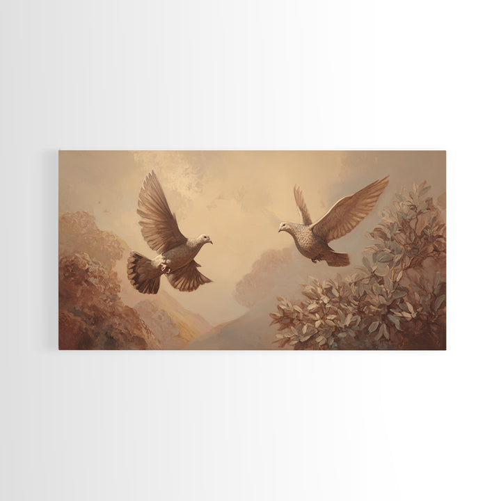 Doves Flying Through Soft Golden Light Framed Canvas Print, Wedding Art, Beach Wedding, Living Room Decor, Fine Art, Romance, WED-2x1-79