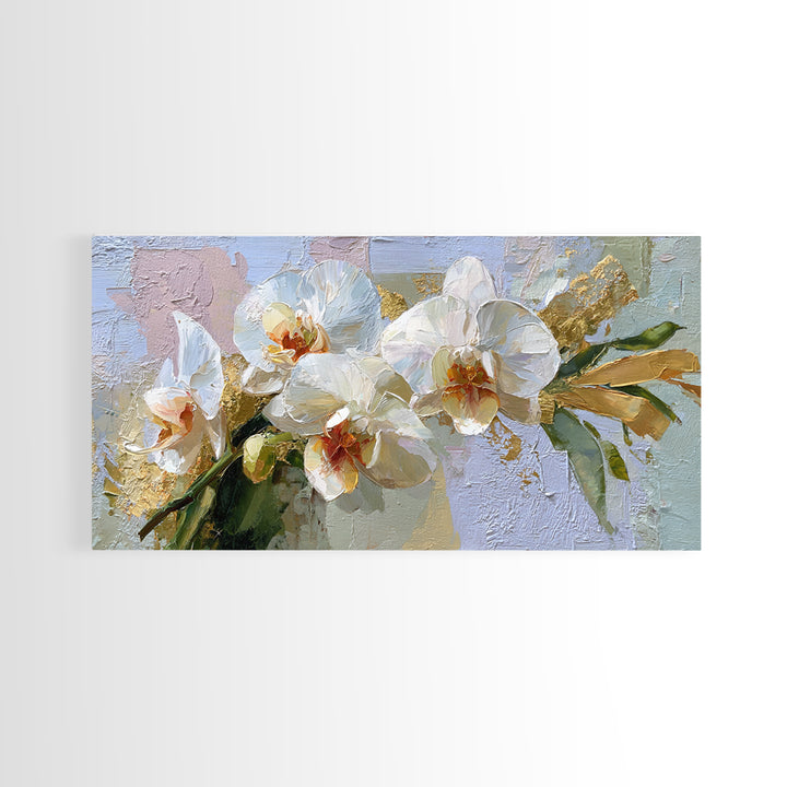 White Orchid and Gold Ribbon Composition Framed Canvas Print, Wedding Art, Custom Wedding Gift, Living Room Decor, Oil Painting, WED-2x1-92