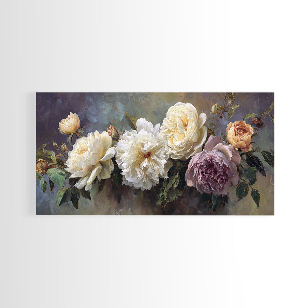 Romantic Bouquet of White Roses and Peonies Canvas Print, Wedding Art, Art Print, Living Room Decor, Fine Art, Romance, WED-2x1-93