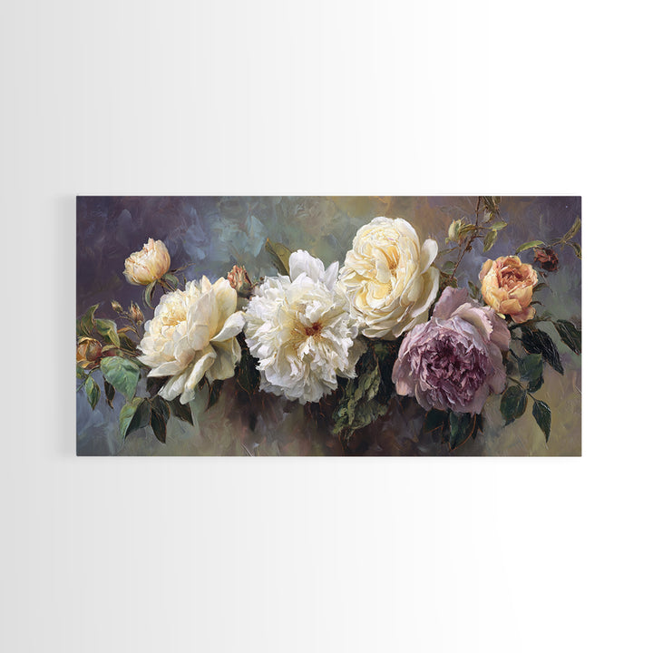 Romantic Bouquet of White Roses and Peonies Canvas Print, Wedding Art, Art Print, Living Room Decor, Fine Art, Romance, WED-2x1-93