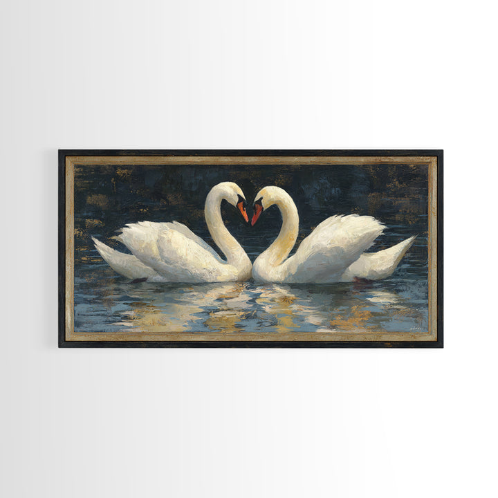 Two Swans Forming a Heart on Dark Canvas Print, Wedding Art, Minimalist Decor, Living Room Decor, Romance, Custom Painting, WED-2x1-94