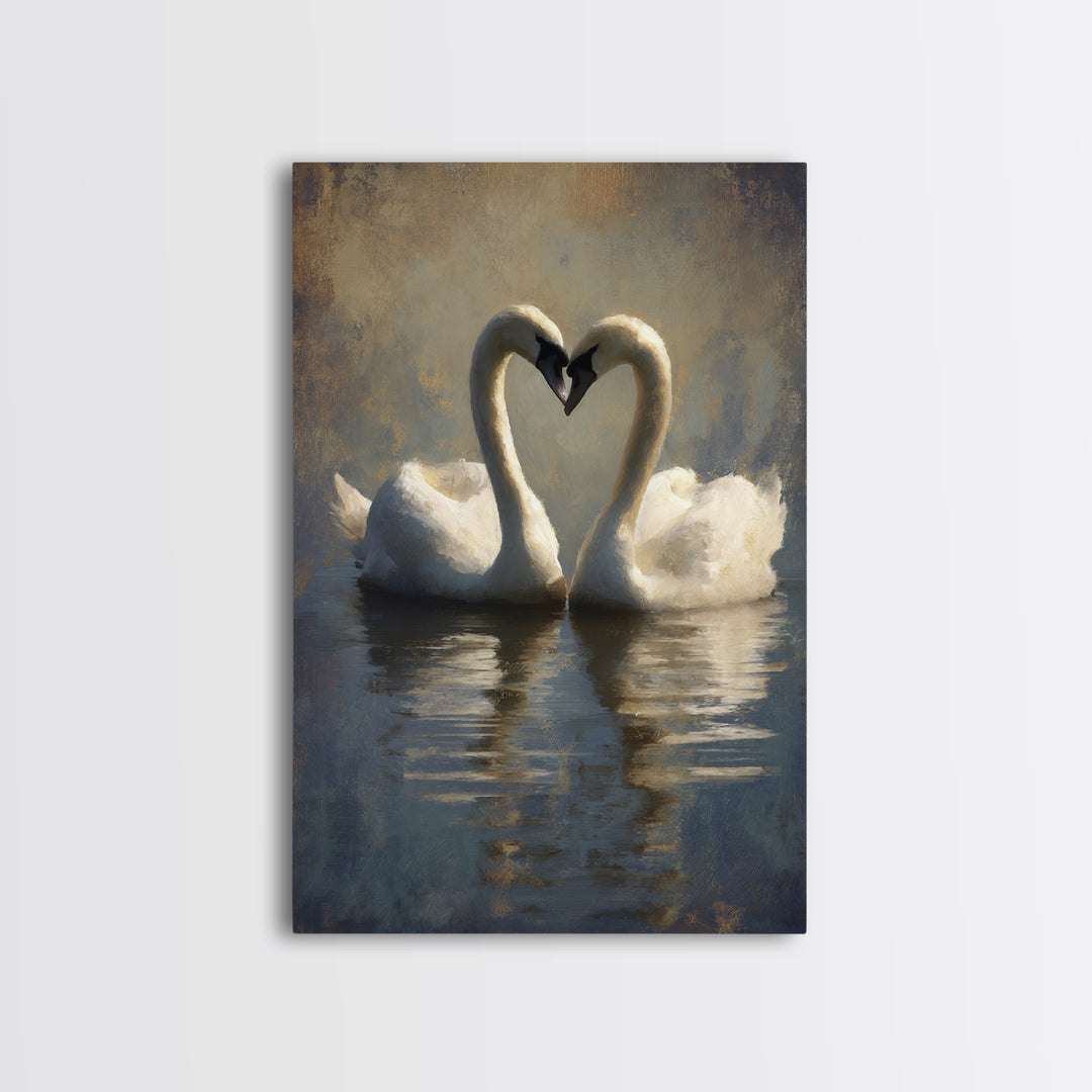 Two Swans Forming a Heart on Dark Canvas Print, Wedding Art, Wall Decor, Living Room Decor, Fine Art, Romance, Wedding Gift, WED-2x3-10