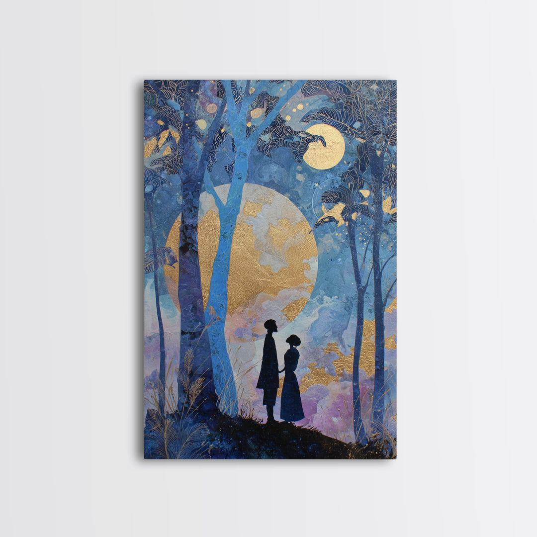 Couple Silhouette Beneath Moonlit Trees Framed Canvas Print, Wedding Art, Room Decor, Living Room Decor, Fine Art, Romance, WED-2x3-13