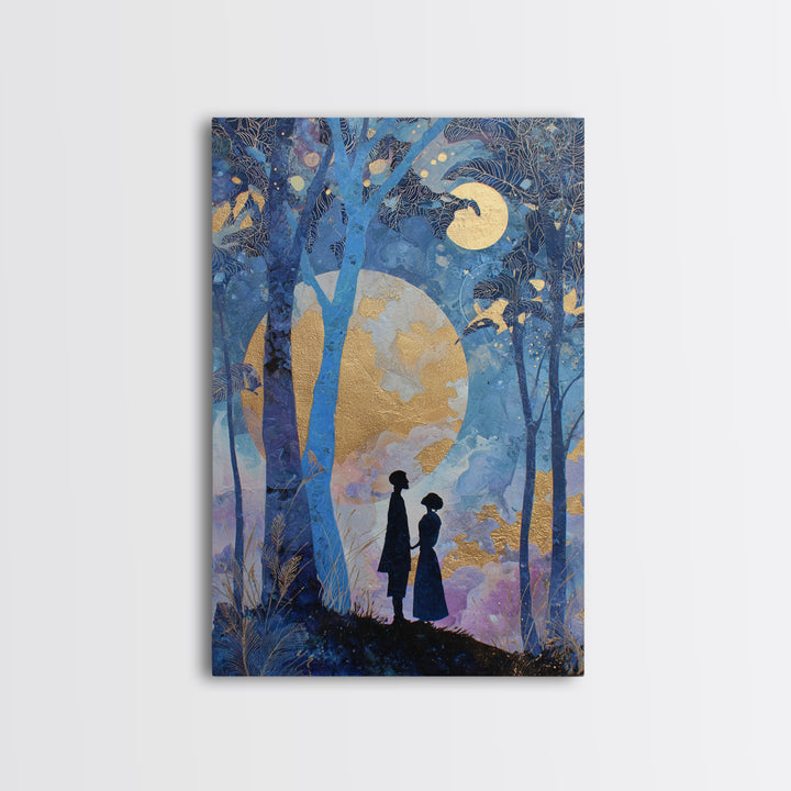 Couple Silhouette Beneath Moonlit Trees Framed Canvas Print, Wedding Art, Room Decor, Living Room Decor, Fine Art, Romance, WED-2x3-13