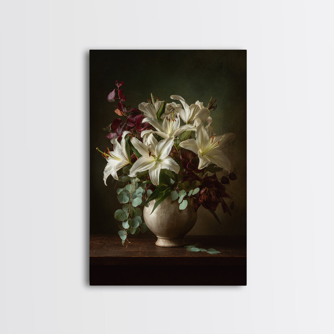 White Lilies and Eucalyptus Arrangement Framed Canvas Print, Wedding Art, Living Room Decor, Abstract Art, Romance, WED-2x3-17
