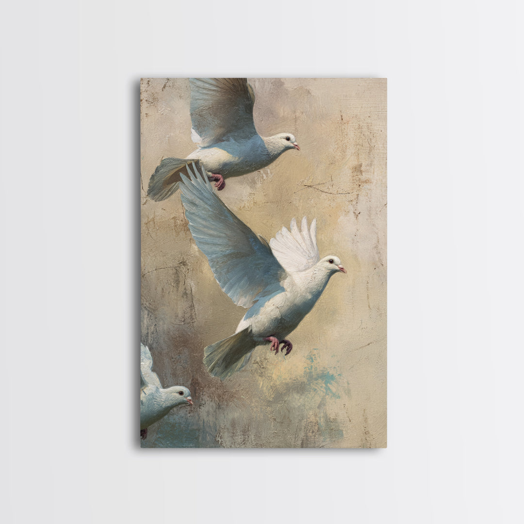 Doves Flying Through Soft Golden Light Framed Canvas Print, Wedding Art, Bride and Groom, Living Room Decor, Fine Art, Romance, WED-2x3-19
