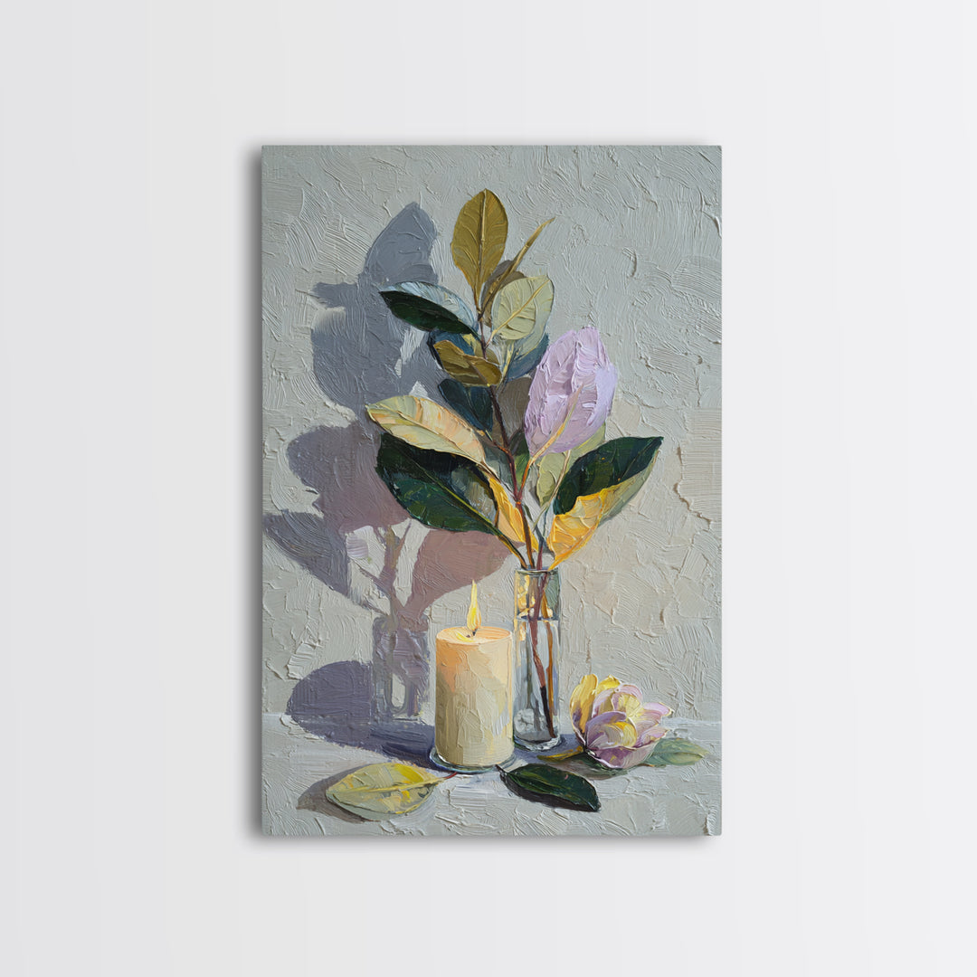 Romantic Candle and Floral Still Life Framed Canvas Print, Wedding Art, Gallery Decor, Living Room Decor, Oil Painting, Romance, WED-2x3-30