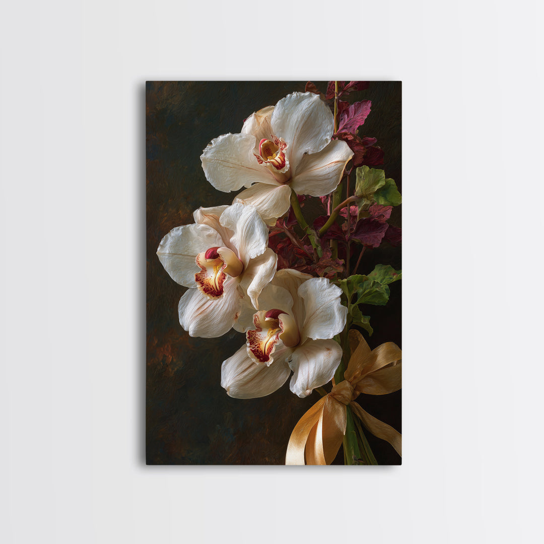 White Orchid and Gold Ribbon Composition Canvas Print, Wedding Art, Downloadable Art, Living Room Decor, Fine Art, Romance, WED-2x3-32