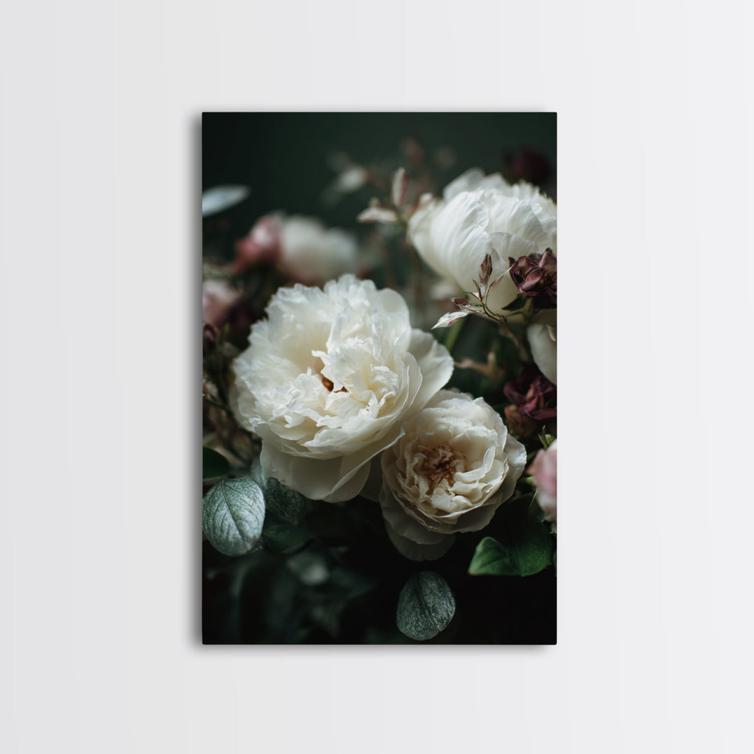 Romantic Bouquet of White Roses and Peonies Framed Canvas Print, Wedding Art, Art, Living Room Decor, Watercolor Art, Romance, WED-2x3-33