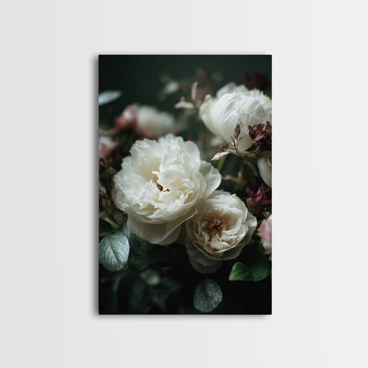 Romantic Bouquet of White Roses and Peonies Framed Canvas Print, Wedding Art, Art, Living Room Decor, Watercolor Art, Romance, WED-2x3-33