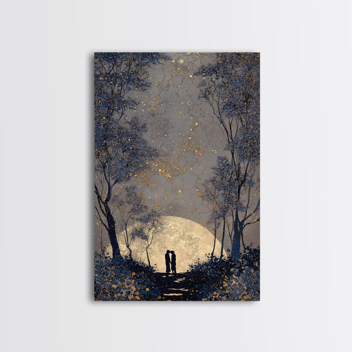 Couple Silhouette Beneath Moonlit Trees Framed Canvas Print, Wedding Art, Room Decor, Living Room Decor, Fine Art, Romance, WED-2x3-37