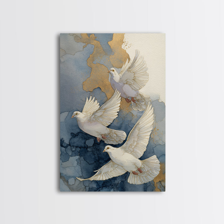 Doves Flying Through Soft Golden Light Framed Canvas Print, Wedding Art, Wall Decor, Living Room Decor, Fine Art, Romance, WED-2x3-43