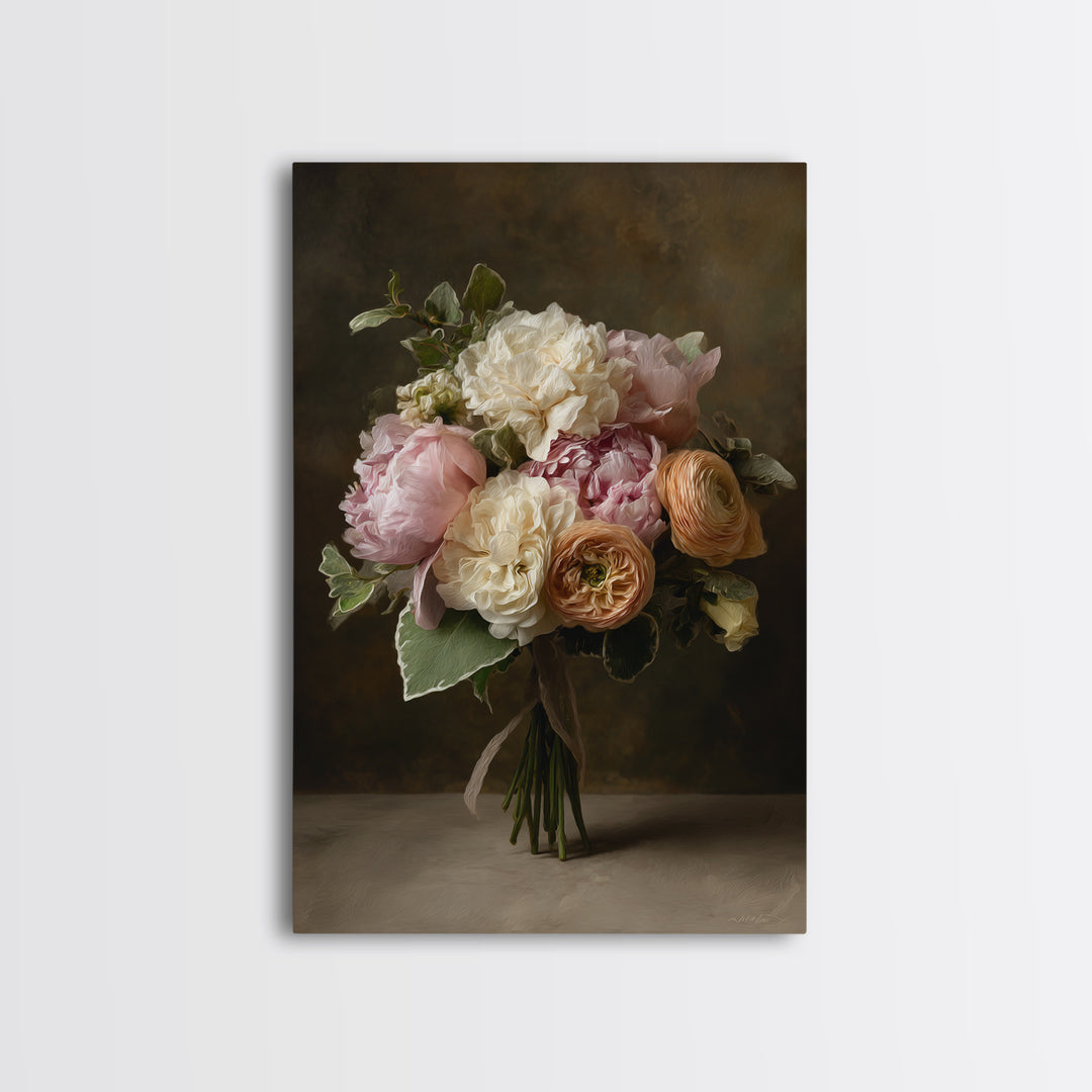 Peony and Ranunculus Bouquet Framed Canvas Print, Wedding Art, Personalized Wedding, Living Room Decor, Fine Art, Romance, WED-2x3-52