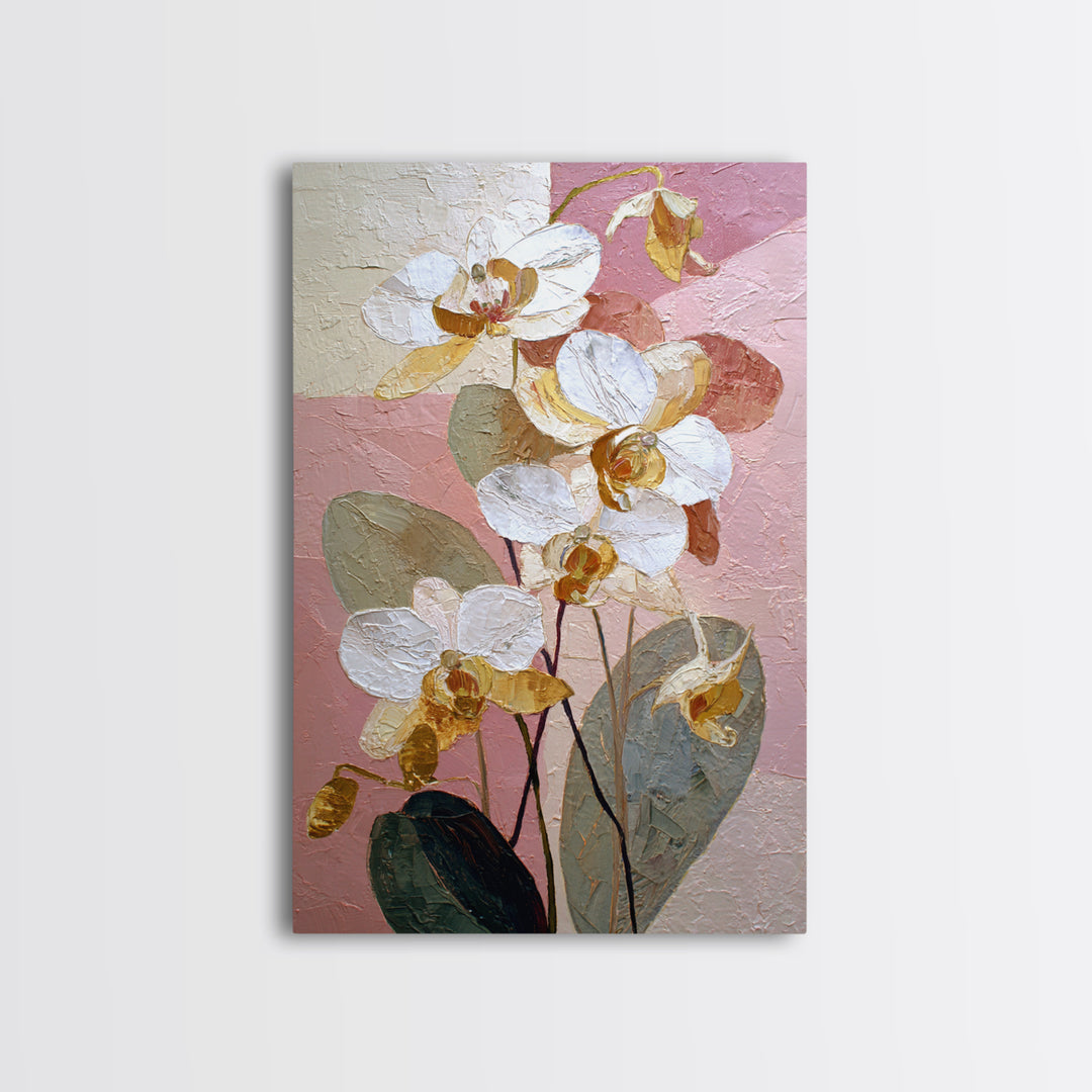 White Orchid and Gold Ribbon Composition Framed Canvas Print, Wedding Art, Wedding Reception, Living Room Decor, Abstract Art, WED-2x3-56