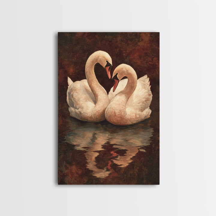 Two Swans Forming a Heart on Dark Canvas Print, Wedding Art, Contemporary Art, Living Room Decor, Fine Art, Romance, Custom Art, WED-2x3-58