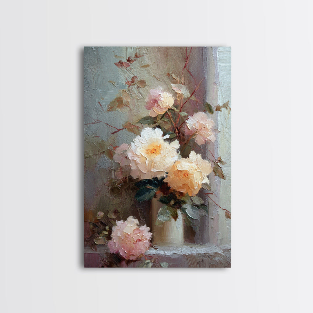 Romantic Candle and Floral Still Life Framed Canvas Print, Wedding Art, Gallery Decor, Living Room Decor, Oil Painting, Romance, WED-2x3-6