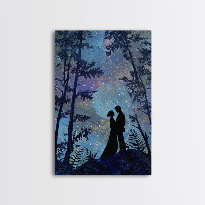Couple Silhouette Beneath Moonlit Trees Canvas Print, Wedding Art, Wedding, Living Room Decor, Romance, Wedding Guestbook, WED-2x3-61