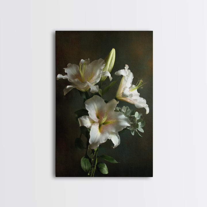 White Lilies and Eucalyptus Arrangement Canvas Print, Wedding Art, Wedding Gift, Living Room Decor, Fine Art, Romance, WED-2x3-65