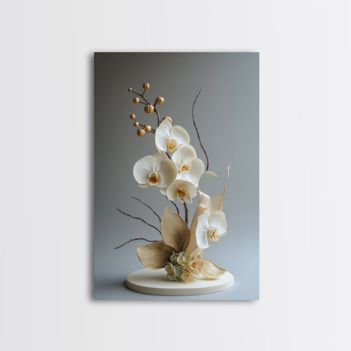 White Orchid and Gold Ribbon Composition Framed Canvas Print, Wedding Art, Custom Art, Living Room Decor, Oil Painting, Romance, WED-2x3-8