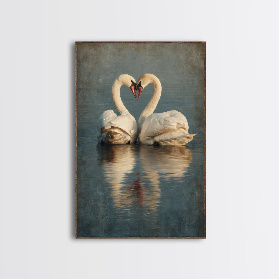 Two Swans Forming a Heart on Dark Canvas Print, Wedding Art, Contemporary Art, Living Room Decor, Fine Art, Romance, Custom Art, WED-2x3-82