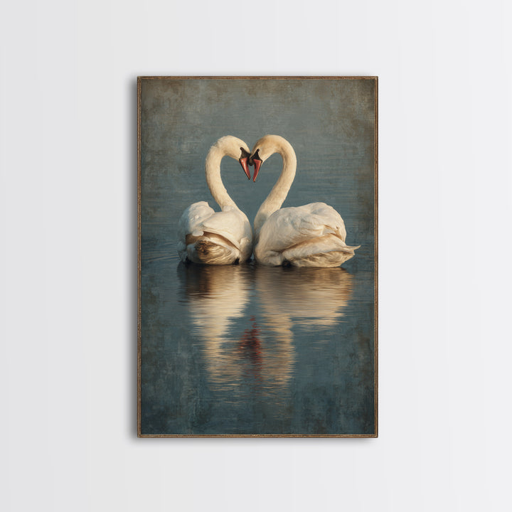 Two Swans Forming a Heart on Dark Canvas Print, Wedding Art, Contemporary Art, Living Room Decor, Fine Art, Romance, Custom Art, WED-2x3-82