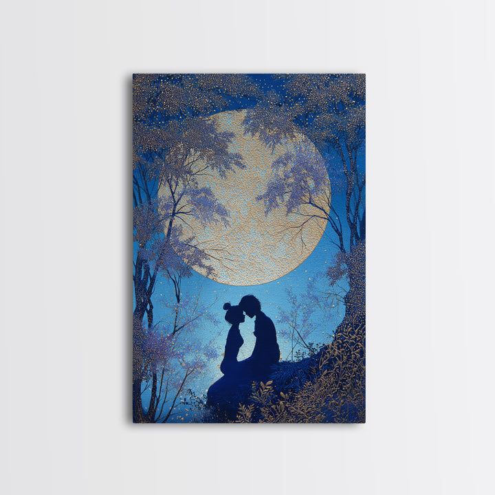 Couple Silhouette Beneath Moonlit Trees Framed Canvas Print, Wedding Art, Wedding Sign, Living Room Decor, Fine Art, Romance, WED-2x3-85