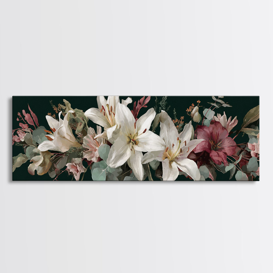 White Lilies and Eucalyptus Arrangement Framed Canvas Print, Wedding Art, Wedding Sign, Living Room Decor, Fine Art, Romance, WED-3x1-1