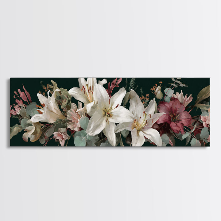 White Lilies and Eucalyptus Arrangement Framed Canvas Print, Wedding Art, Wedding Sign, Living Room Decor, Fine Art, Romance, WED-3x1-1