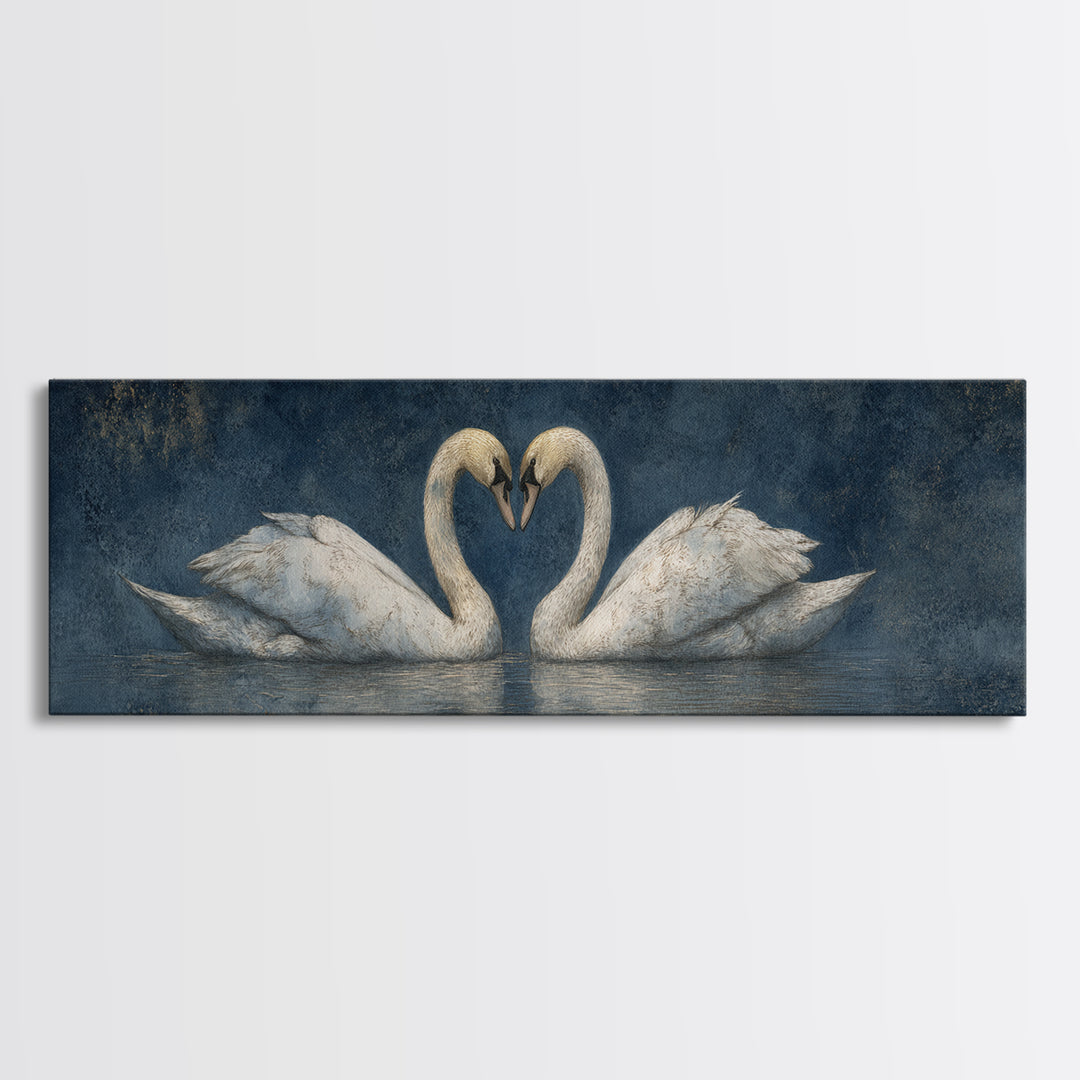 Two Swans Forming a Heart on Dark Framed Canvas Print, Wedding Art, Custom Portrait, Living Room Decor, Fine Art, Romance, WED-3x1-18
